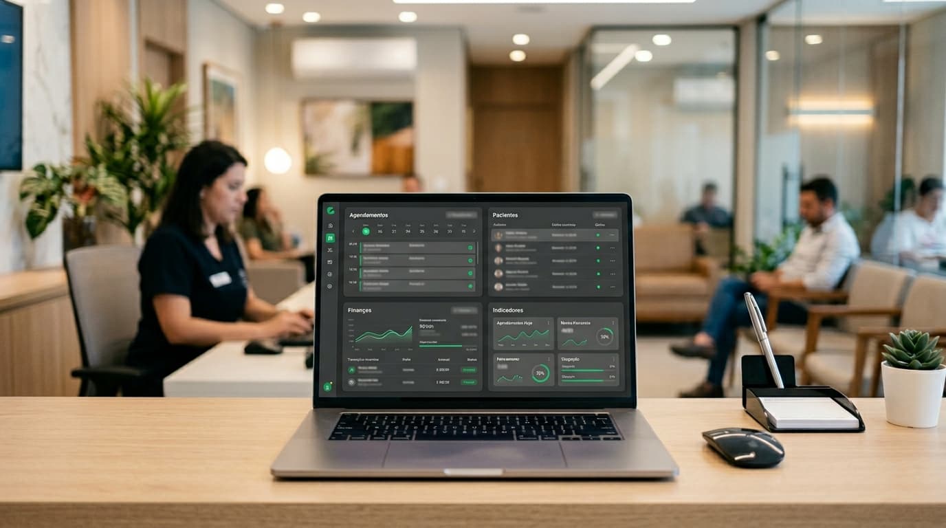 Recepção de clínica com notebook aberto