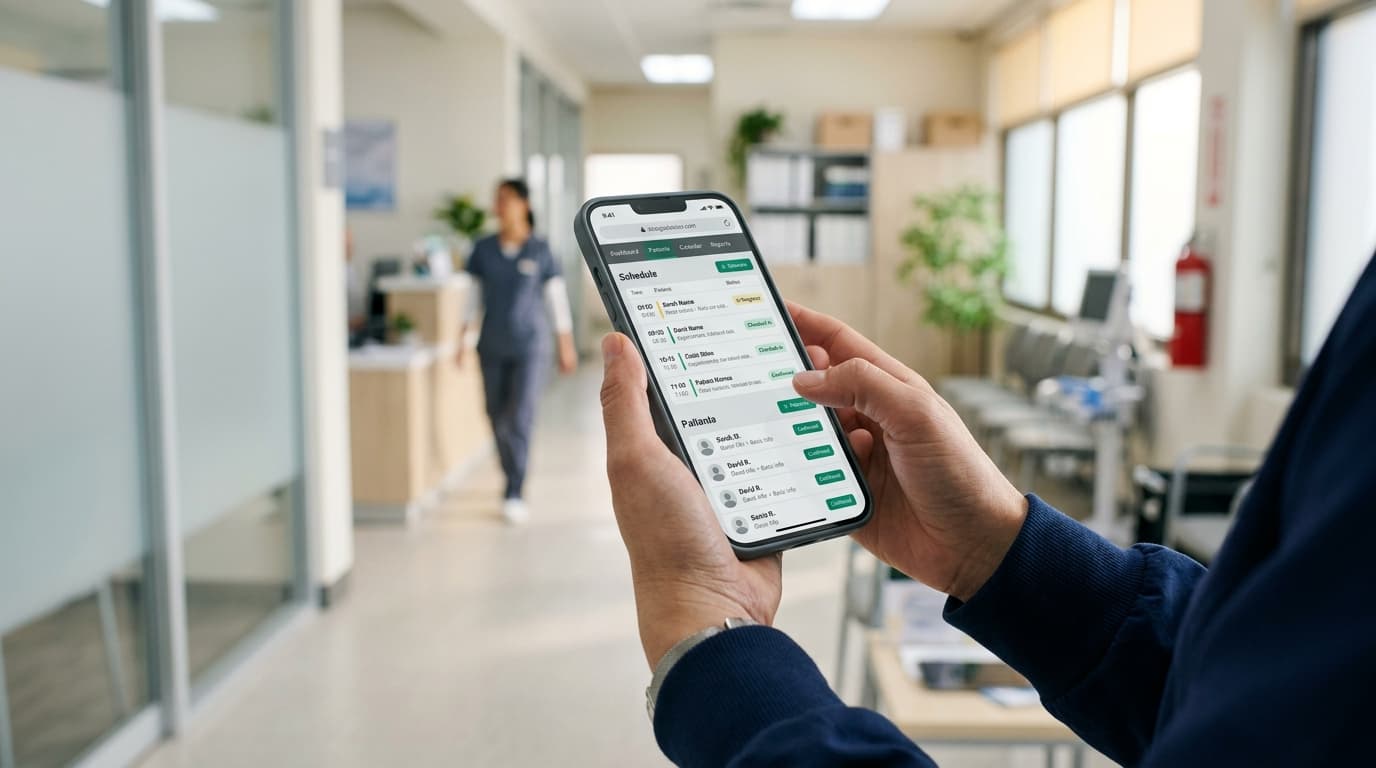 Smartphone exibindo sistema de gestão clínica
